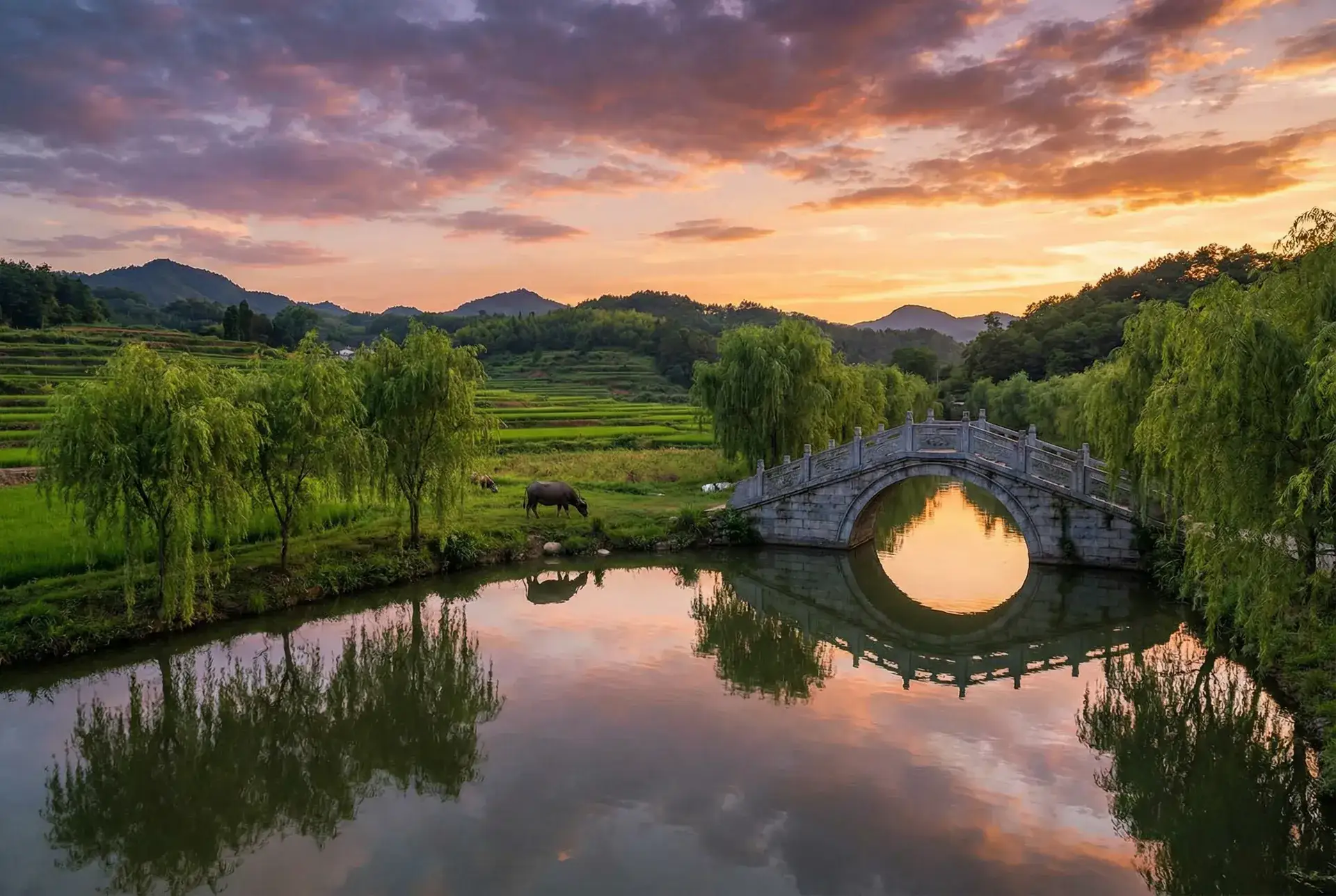 夕阳下的石拱桥与垂柳，水牛在河边吃草 - www.av377.com 乡村美景