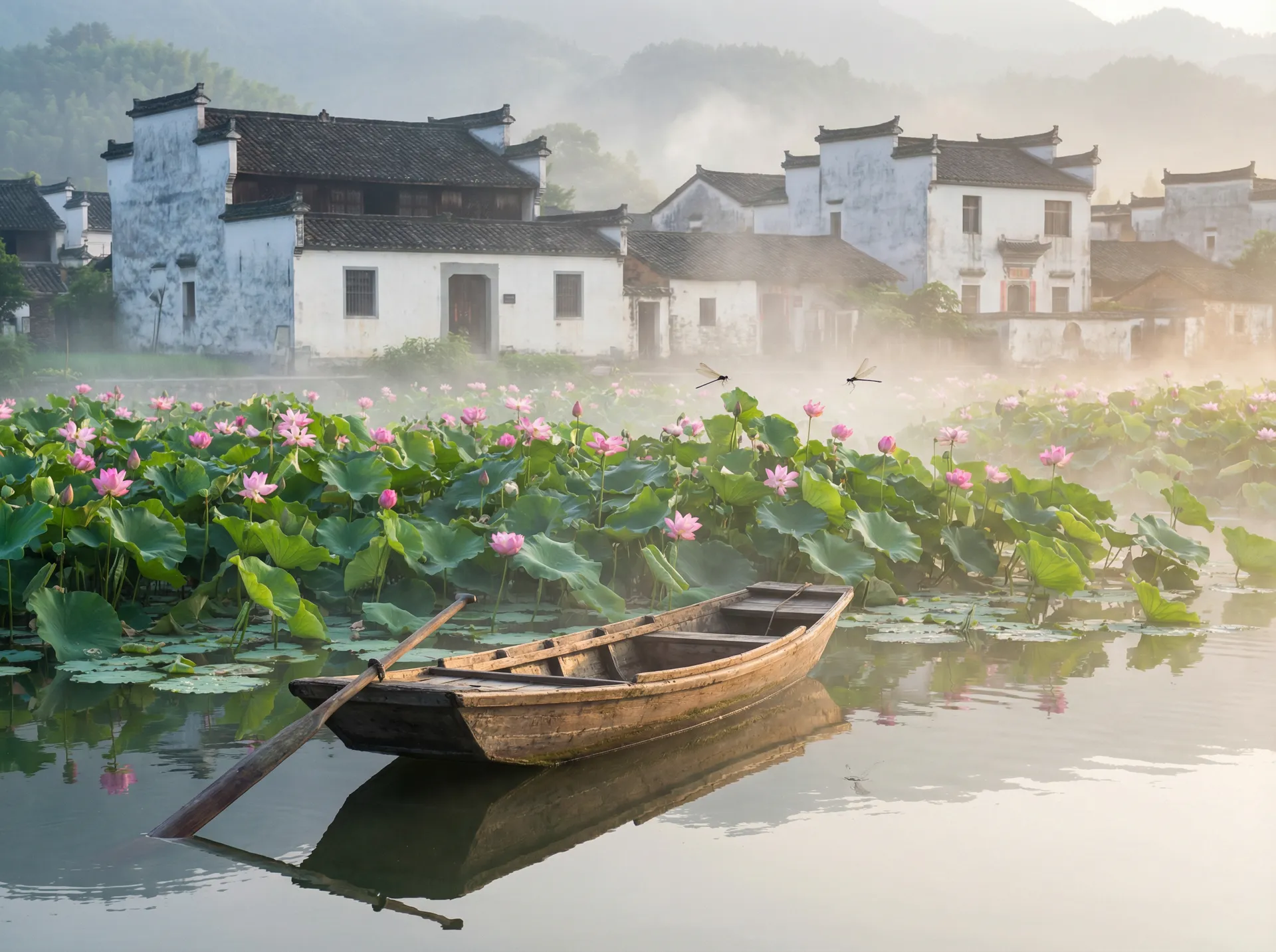 清晨荷塘小舟，粉色荷花盛开，白墙黑瓦的村庄 - www.av377.com 水乡风情